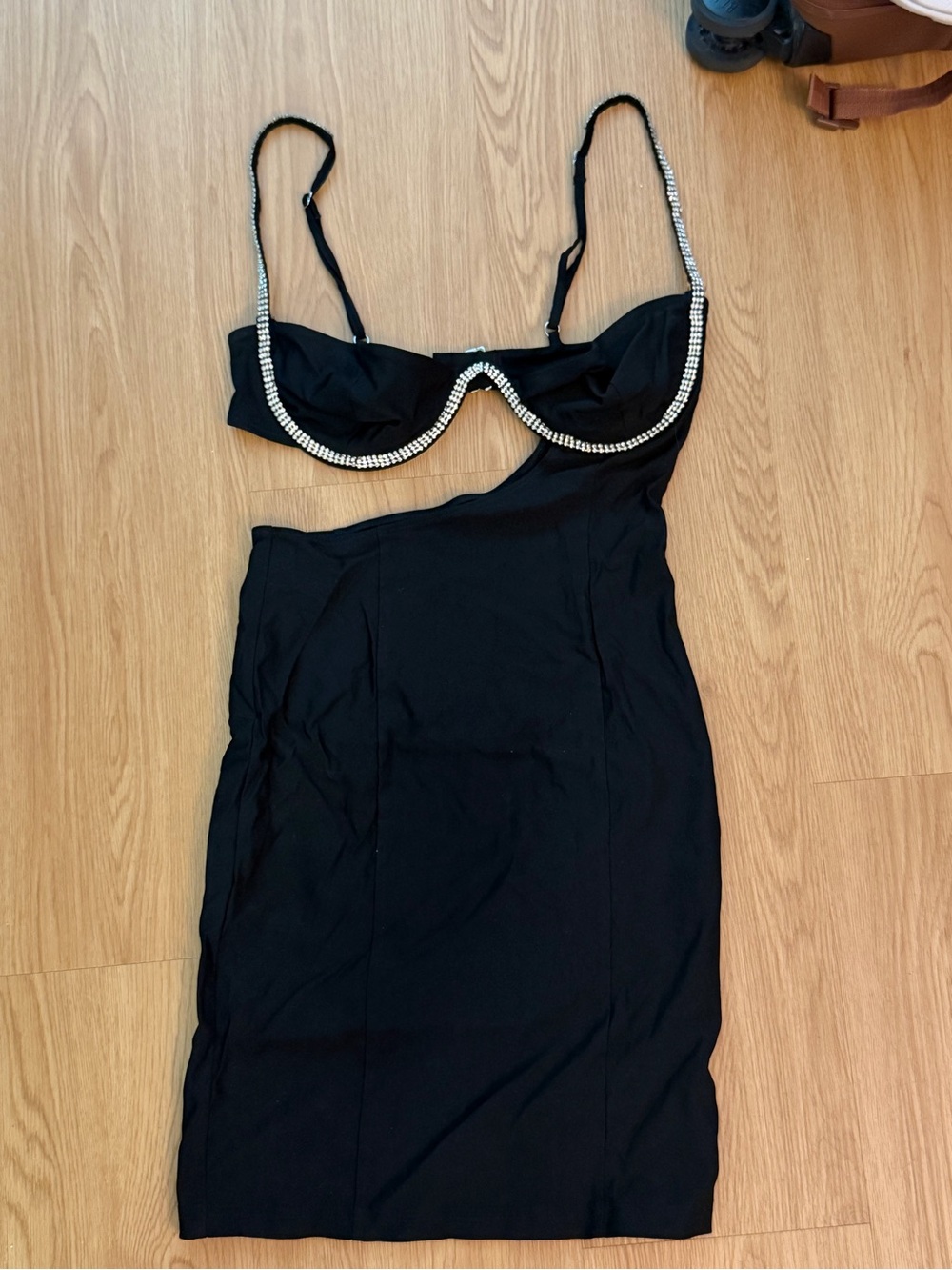 White Fox Boutique Black Mini Dress with Rhinestone Trim